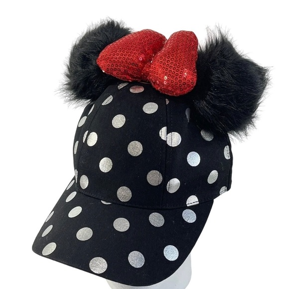 Disney Accessories - Disney Minnie Mouse Polka Dot Pom Pom Black Baseball Cap with red bow